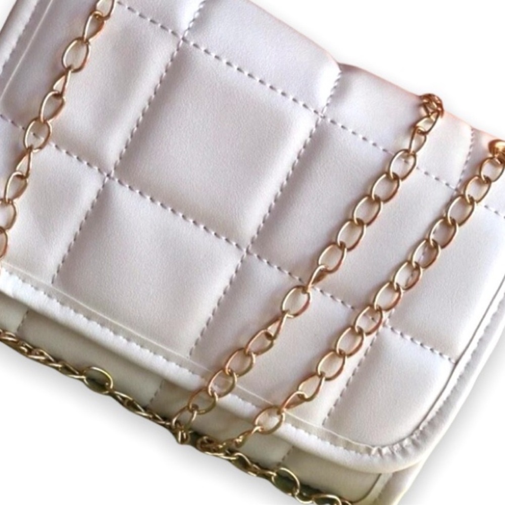 New Boho Plaid Quilted Cream Beige Faux Leather Flap Chain Square Crossbody Bag - Picture 16 of 16